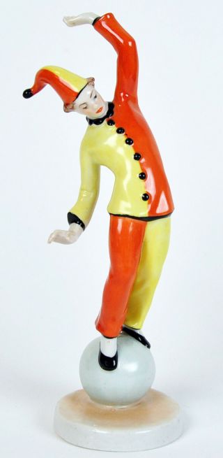 Antique Art Deco Clown Pierrot Harlequin Figurine Acrobat On Ball Porcelain