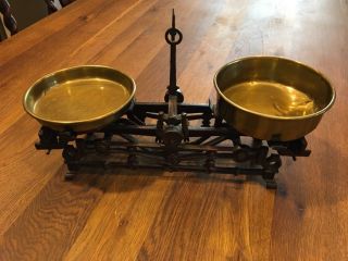 Antique 3k Cast Iron Pharmacy Scale W Brass Pans