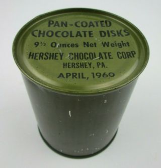Vintage 1960 C Ration Pan Coated Chocolate Disks 9 1/2 Ounces Net Can Hershey 2