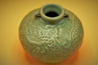 14th Century - RARE Chinese Yuan,  CELADON,  5 Claw Dragon POT Jarlet Vase 2