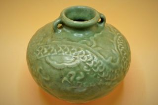 14th Century - RARE Chinese Yuan,  CELADON,  5 Claw Dragon POT Jarlet Vase 3