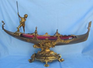 19th Century French Bronze & Red Glass Ship Figurine Centerpiece Magnificent