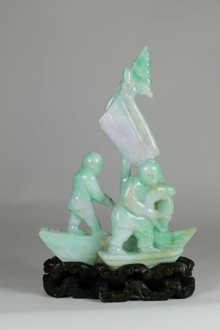 Antique Chinese C1900 Qing Dynasty Carved Jade Jadeite Boat Figure Wood Stand