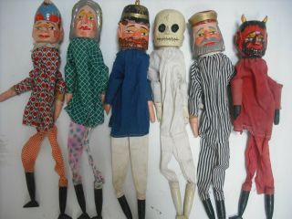 Antique Set 6 Punch & Judy Wooden Head Puppets Skeleton Devil Policeman King
