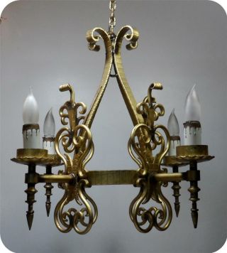 Antique Spanish Revival Gold Wrought Iron Electric Chandelier Lamp