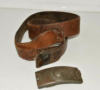 Antique WWI German Prussian Leather Belt & Buckle Gott Mit Uns God With Us 2