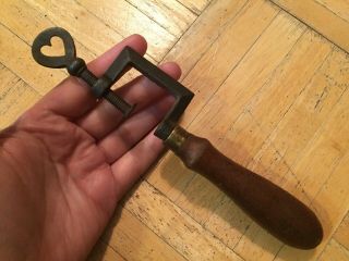 Mid 19th Century Cast Iron Sewing Clamp W Heart Decoration & Walnut Wood Handle