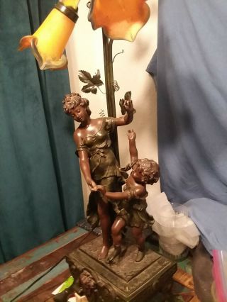 Antique Spelter Figural Lamp Signed A.  Moreau Shades