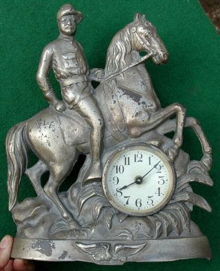 Vintage Cast Iron Teddy Roosevelt Rough Rider Shelf Clock C.  1899