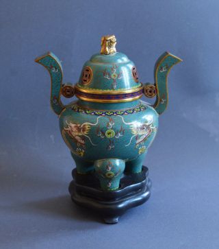 Antique Chinese Cloisonne Censer Tripod Incense Burner Enamel And Wood Stand