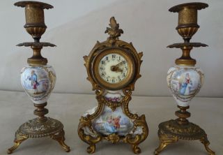 18th Century Signed Sevres French Bronze & Porcelain Sevres Clock Set