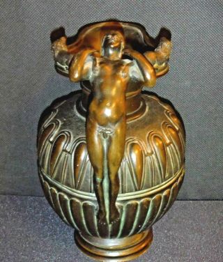 Antique Grand Tour Bronze Greek Oinochoe/oenochoe Nude Female Youth Handle Lions
