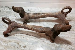 Antique Cast Iron Weiner Dog Dachshund Andirons Fireplace Log Holder