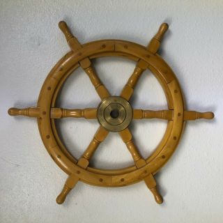 24 " Captain Wooden Ship Steering Wheel With Brass Mount Nautical Sailing Decor