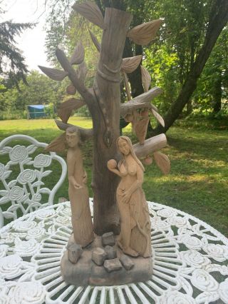 Antique Folk Art Wood Sculpture Adam & Eve
