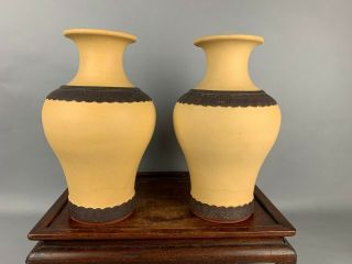 19th/20th C.  Chinese Pair Polychrome Zisha Pottery Vases 2