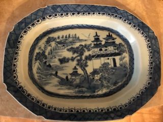 Antique Chinese Export Canton Blue& White 13 1/2 " X 10 3/4 " Platter 19th Century