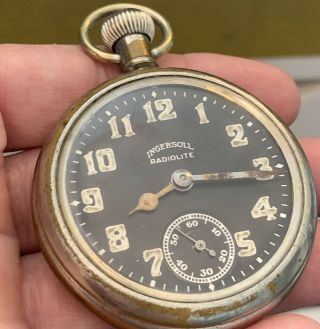 Ingersoll Radiolite Wwi Usa Tank Military Pocket Watch Black Dial 1920 - 25