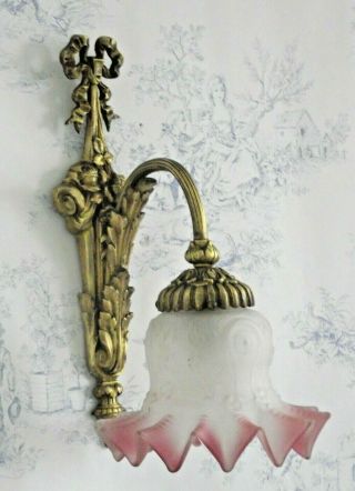 French Antique Bronze Ribbons & Bows Floral Wall Scone Opaque Glass Shade 1184