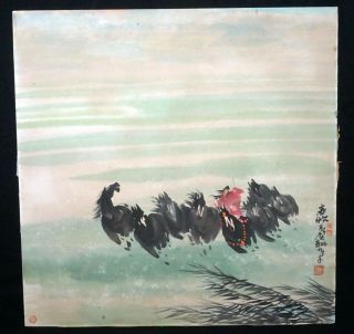 20c Chinese Mounted Painting On Paper " Horses " Signed By The Artist (col)