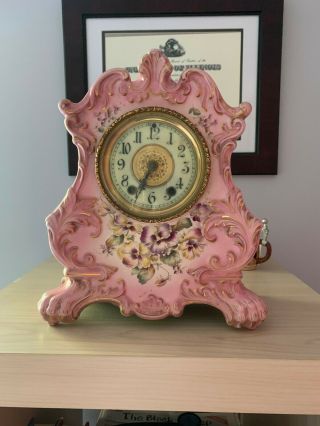 Antique Waterbury Porcelain China Pink Pansies Mantel Clock