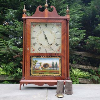 Large Antique Eli Terry Pillar And Scroll Clock W/ Weights & Key 29 " 16 5