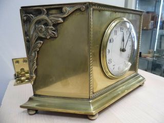 Antique Decorative Brass Cased Clock with French 8 Day Movement Running. 4