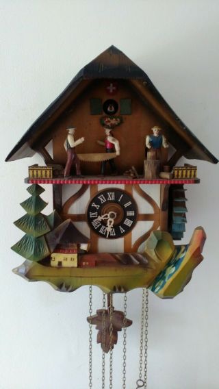 Vintage Schmeckenbecher Musical Chalet Cuckoo Clock With Woodmen & Water Wheel