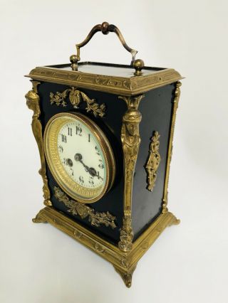 Antique French Black Ebonised Carriage Clock Ormolu Mountings 8 Days Striking
