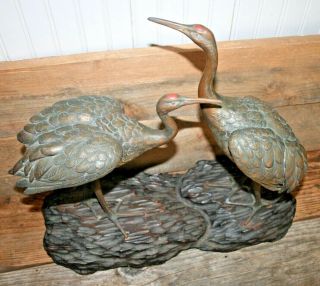 Antique Japanese Bronze Crane Birds On Carved Wood Base Sculpture Meiji Statue