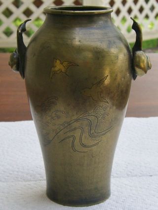 Pair Antique Asian Inlaid Bronze Vases Figural Handles Engraved Design MEIJI Era 10