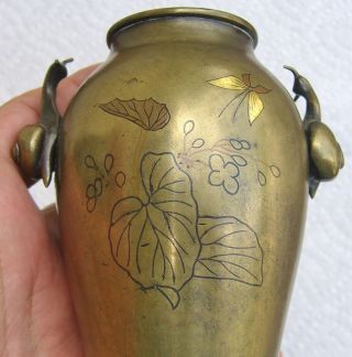 Pair Antique Asian Inlaid Bronze Vases Figural Handles Engraved Design MEIJI Era 11
