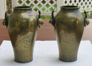 Pair Antique Asian Inlaid Bronze Vases Figural Handles Engraved Design Meiji Era