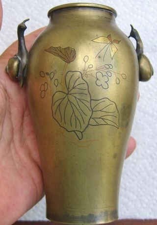 Pair Antique Asian Inlaid Bronze Vases Figural Handles Engraved Design MEIJI Era 2