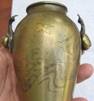 Pair Antique Asian Inlaid Bronze Vases Figural Handles Engraved Design MEIJI Era 3