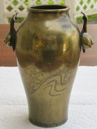 Pair Antique Asian Inlaid Bronze Vases Figural Handles Engraved Design MEIJI Era 4