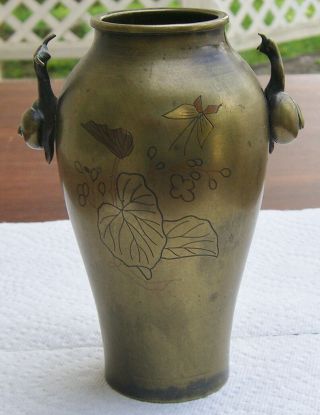 Pair Antique Asian Inlaid Bronze Vases Figural Handles Engraved Design MEIJI Era 5