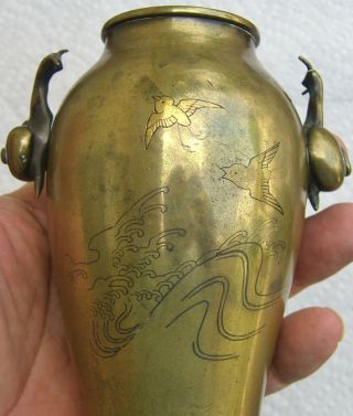 Pair Antique Asian Inlaid Bronze Vases Figural Handles Engraved Design MEIJI Era 7