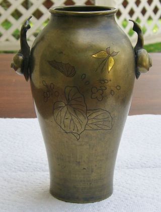 Pair Antique Asian Inlaid Bronze Vases Figural Handles Engraved Design MEIJI Era 9