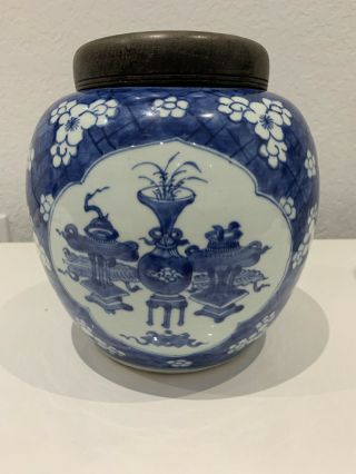 Antique Chinese Porcelain Wood Vase Blue And White
