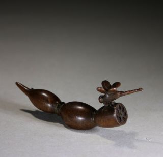 Vintage Chinese Bronze Scroll Weight Dragonfly On Seed Pod - Signed