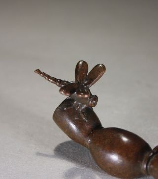 Vintage Chinese Bronze Scroll Weight Dragonfly on SEED POD - Signed 4