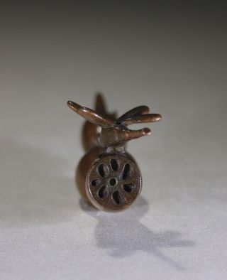 Vintage Chinese Bronze Scroll Weight Dragonfly on SEED POD - Signed 5