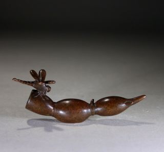 Vintage Chinese Bronze Scroll Weight Dragonfly on SEED POD - Signed 6