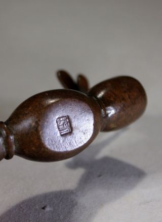 Vintage Chinese Bronze Scroll Weight Dragonfly on SEED POD - Signed 9