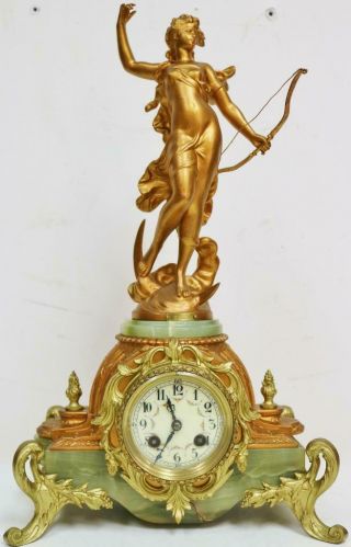 Antique French 8 Day Striking Gilt Metal & Green Onyx Lady Figurine Mantel Clock