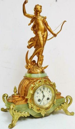 Antique French 8 Day Striking Gilt Metal & Green Onyx Lady Figurine mantel Clock 2