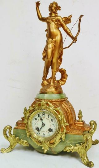 Antique French 8 Day Striking Gilt Metal & Green Onyx Lady Figurine mantel Clock 3