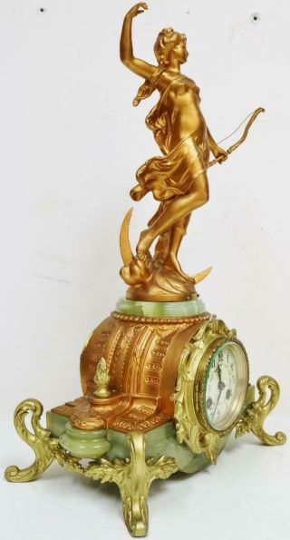 Antique French 8 Day Striking Gilt Metal & Green Onyx Lady Figurine mantel Clock 4