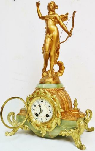 Antique French 8 Day Striking Gilt Metal & Green Onyx Lady Figurine mantel Clock 7